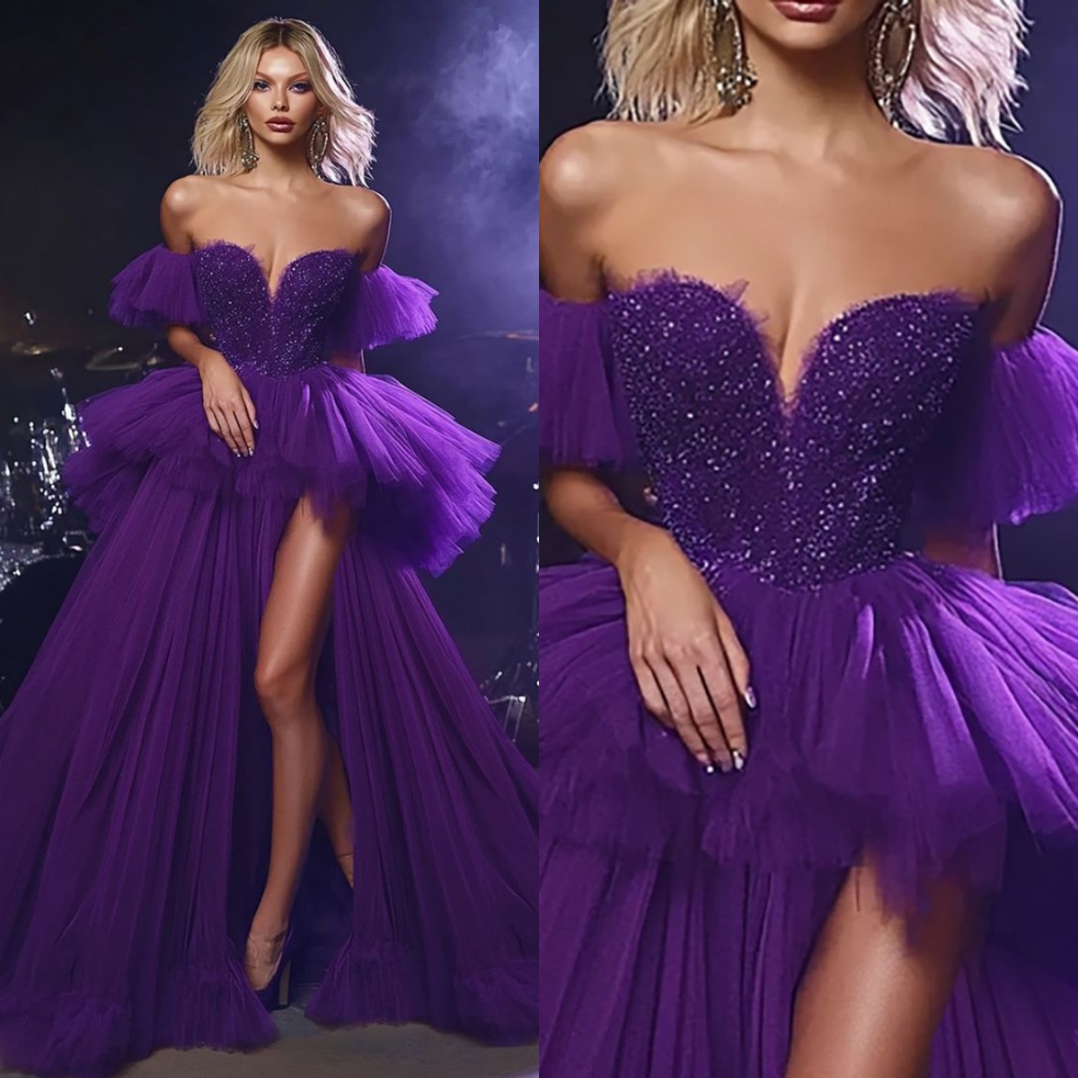 Vintage Long Purple Tulle Prom Dresses Side Slit Ruffles Off Shoulder Sexy Evening Gown Sequins Lace Appliques Sweetheart Vestido De Novia 2025