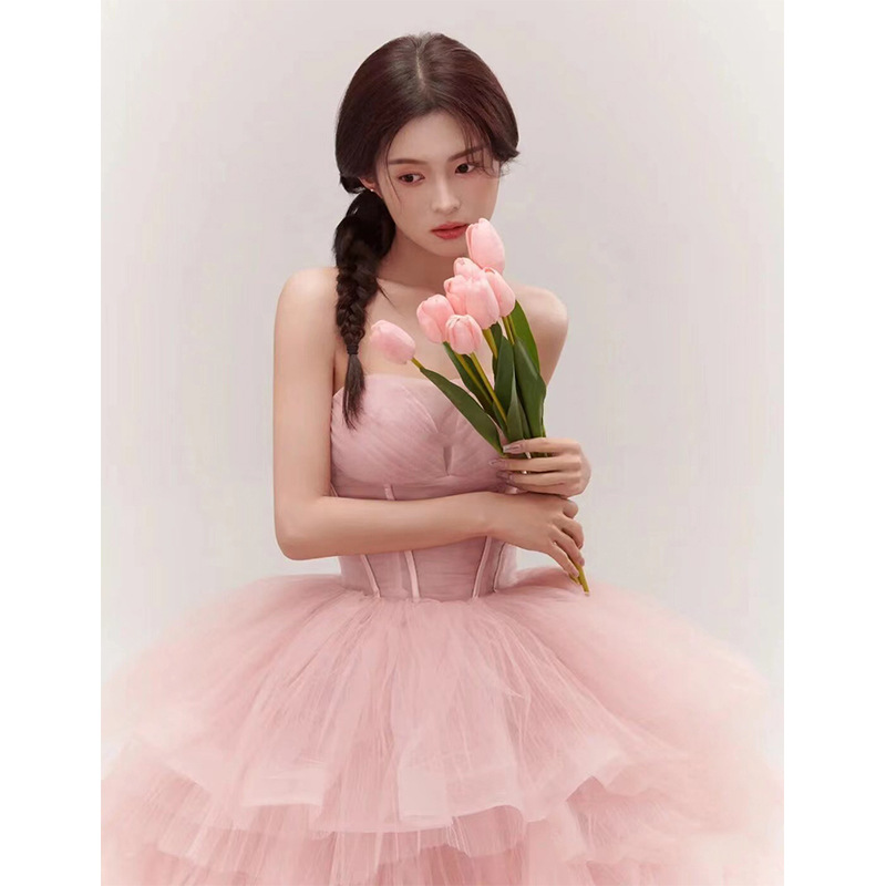Fairy-Like Pink Net-Sheer Wedding Gown Featuring Fish-Boned Waist Cincher & Wide Skirt Pink Off-The-Shoulder Halter Neck Corset Wedding Dress