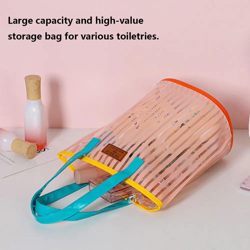 Summer Transparent Stripe Print Clear handbag For Women Beach Bag Large Capacity Shoulder Bags PVC Waterproof Shopping Bags 250515