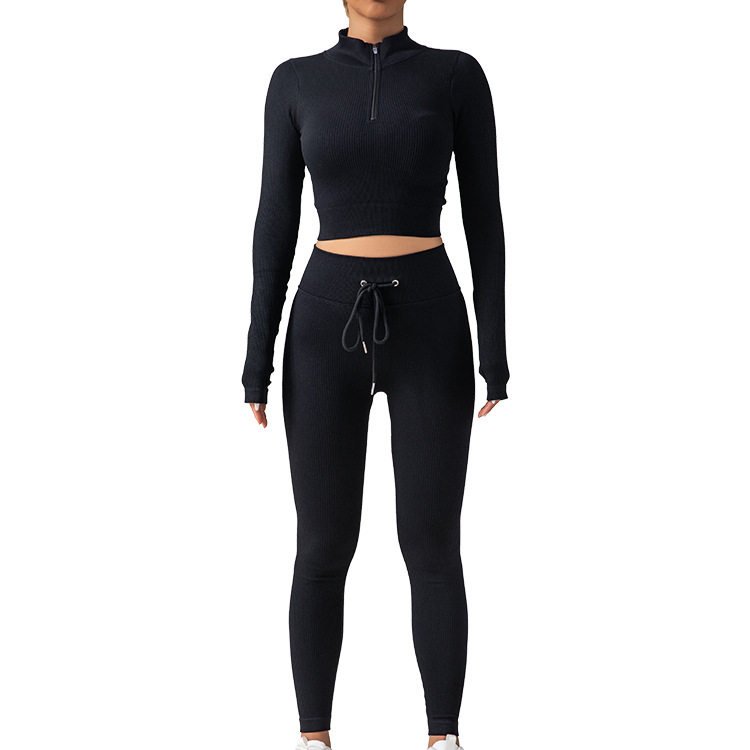 Solid color fashion hot style zipper fitness long sleeve drawstring sports slim high elastic trousers two-piece yoga suit for women