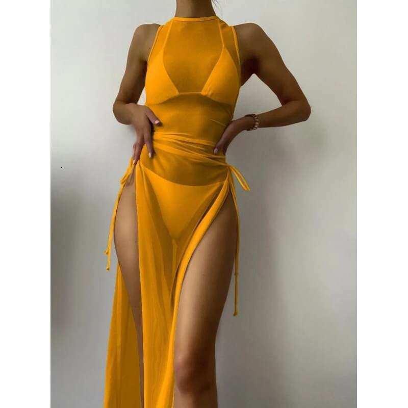 European and American bikini multi-color solid color long skirt sexy split three piece set women's swimsuit 2025 temperament versatile new trend 