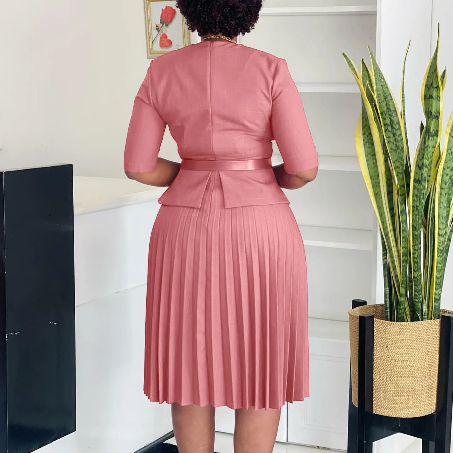 Womens 2025 fashion plus size temperament V-neck pleated dress 250514