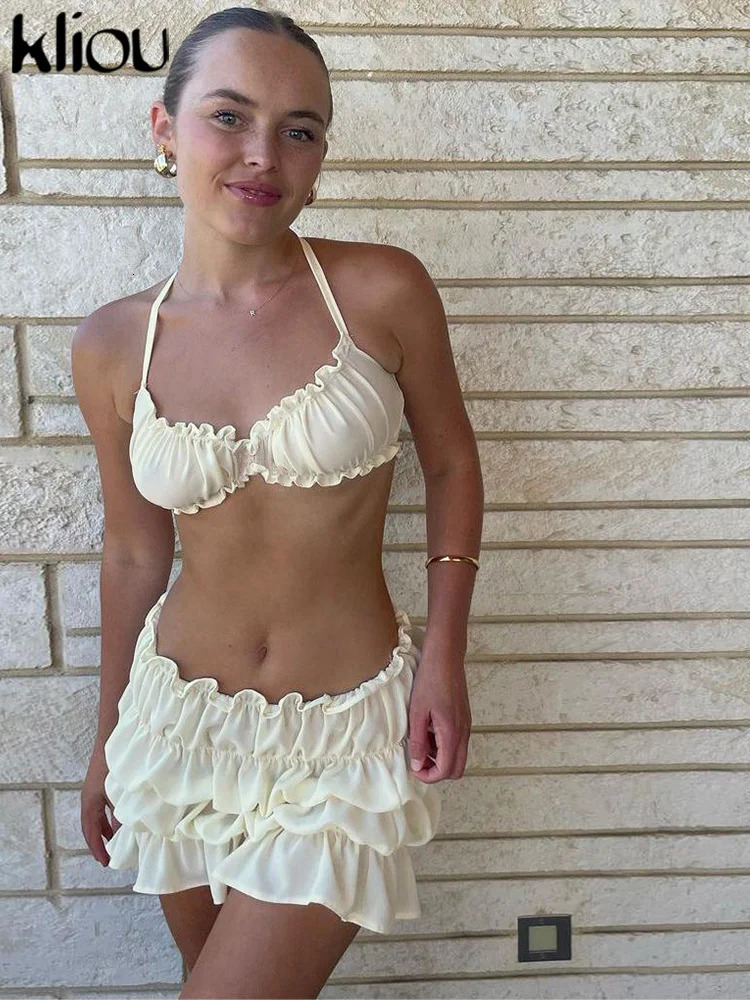 kliou Pleated Summer Two Piece Set Women Concise Solid Elastic Suspendecy CamisoleHigh Waist Skirts Female Holiday Beach Suits 250515