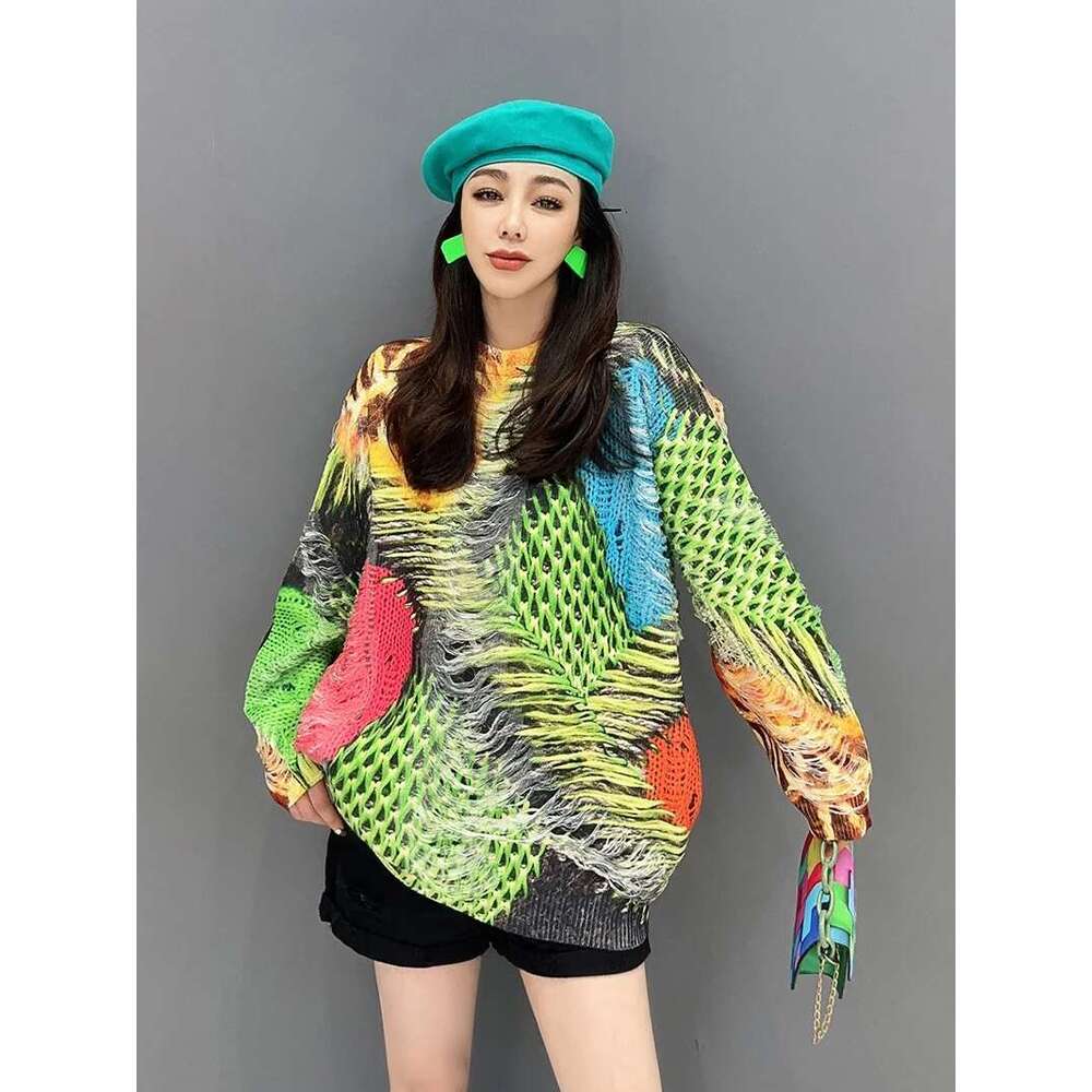 2306 Winter Knitwear Womens Holes Design Printed Warm Sweaters Ladies Loose Casual Pullover Fashion Big Size Jumpers Designer