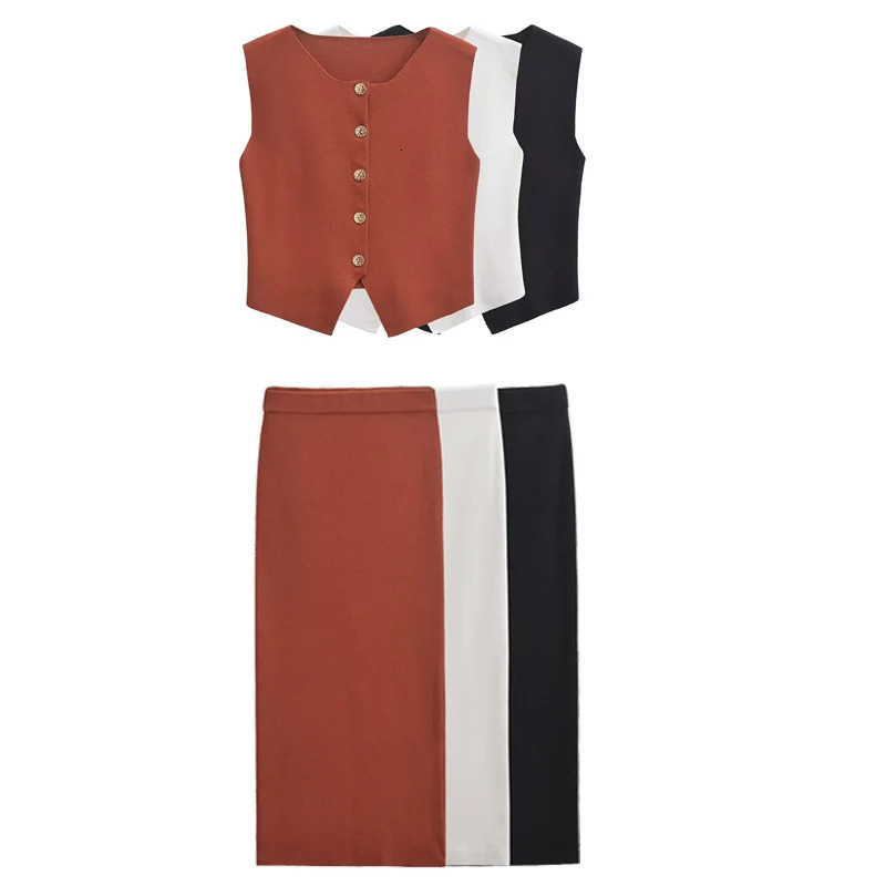 HXAO Skirt Sets For Women 2 Pieces Womens Suits Knit Solid Set Crop Sleeveless Gold Button Vest High Waist Slim Suit 250515