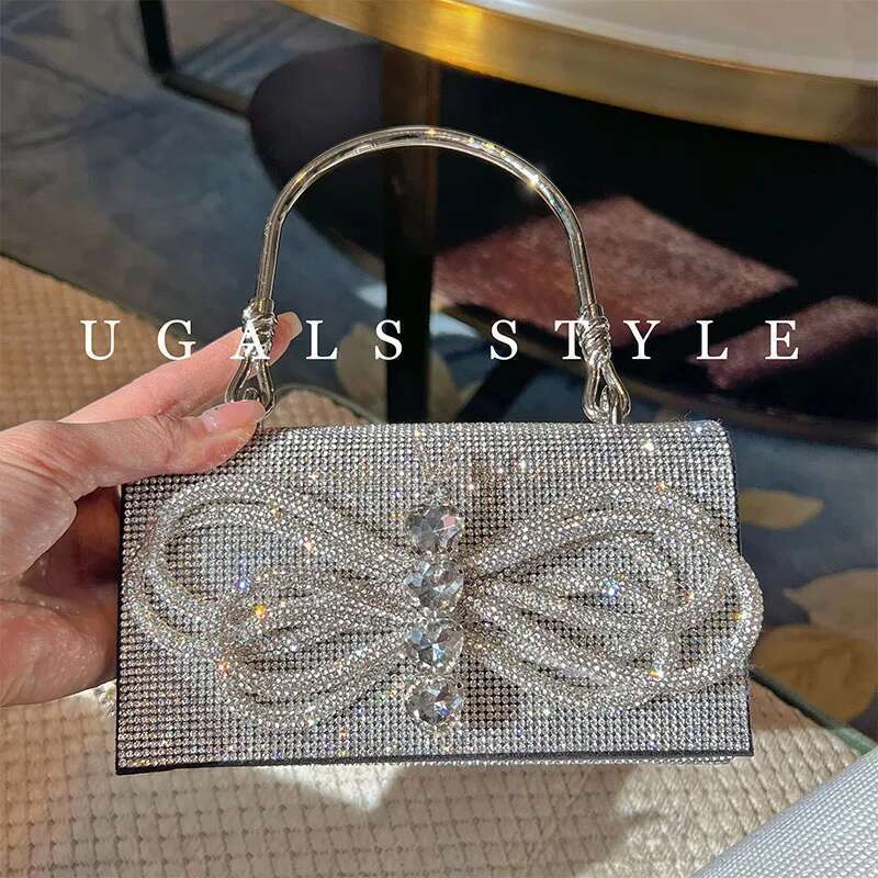 Bow Knot Women's Handbag Crystal Shiny Rhinestone Dia Evening Wedding Party Clutch Purse Shoulder Messenger Bag