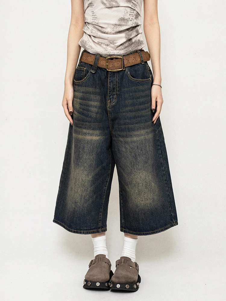 High Waist Black Retro Washed Denim Shorts Womens Harajuku Vintage Fashion Casual Loose Y2K Streetwear Mid Long Wide Leg Pants 250514