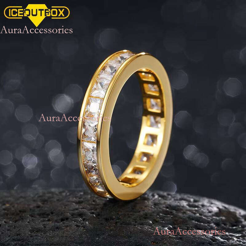 Hiphop Dainty Jewelry White Gold Plated Brass Iced Out Baguette 1 Rows Cz Tennis Chain Bling Cubic Zircon Sliver Rings