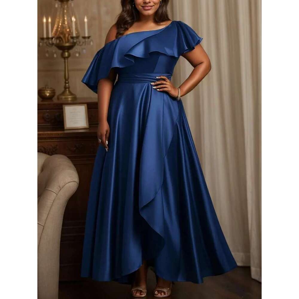 Satin Elegant Women's Plus Size Maxi Dress Ruffle One Sleeve Off the Shoulder Irregular Hem Party Evening Wedding Dresses 2025