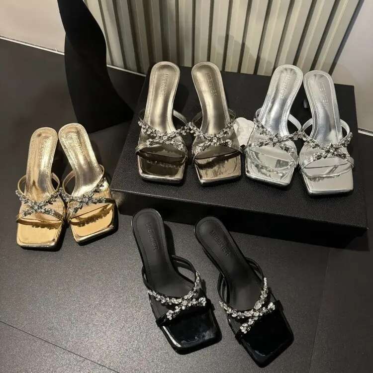 2025 Women's Slippers with Exposed Toe Sequins Anti-slip Wear-resistant Medium and Square Heels Summer