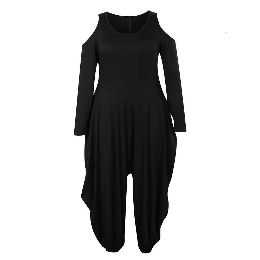 Women's 1XL-5XL Casual Fashion Plus Size Solid Color Jumpsuit Long Sleeve Loose Jumpsuits O Neck Pocket Autumn Winter Clothing