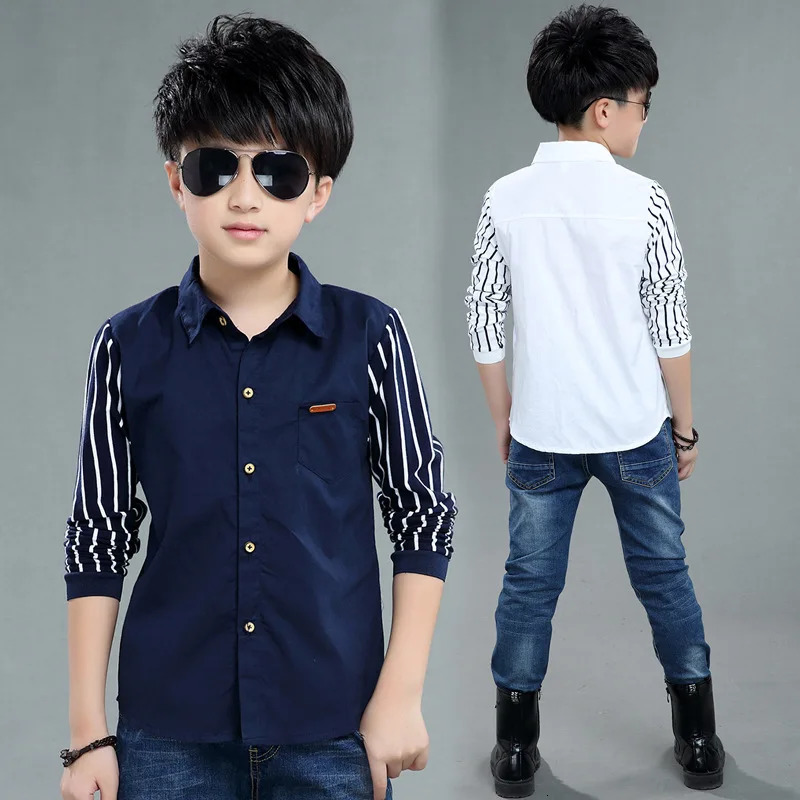 Boys Blouses And Shirts Childrens Stripe Top Spring Autumn Casual White Polo Shirts Teenager School Outerwear Cotton 250515