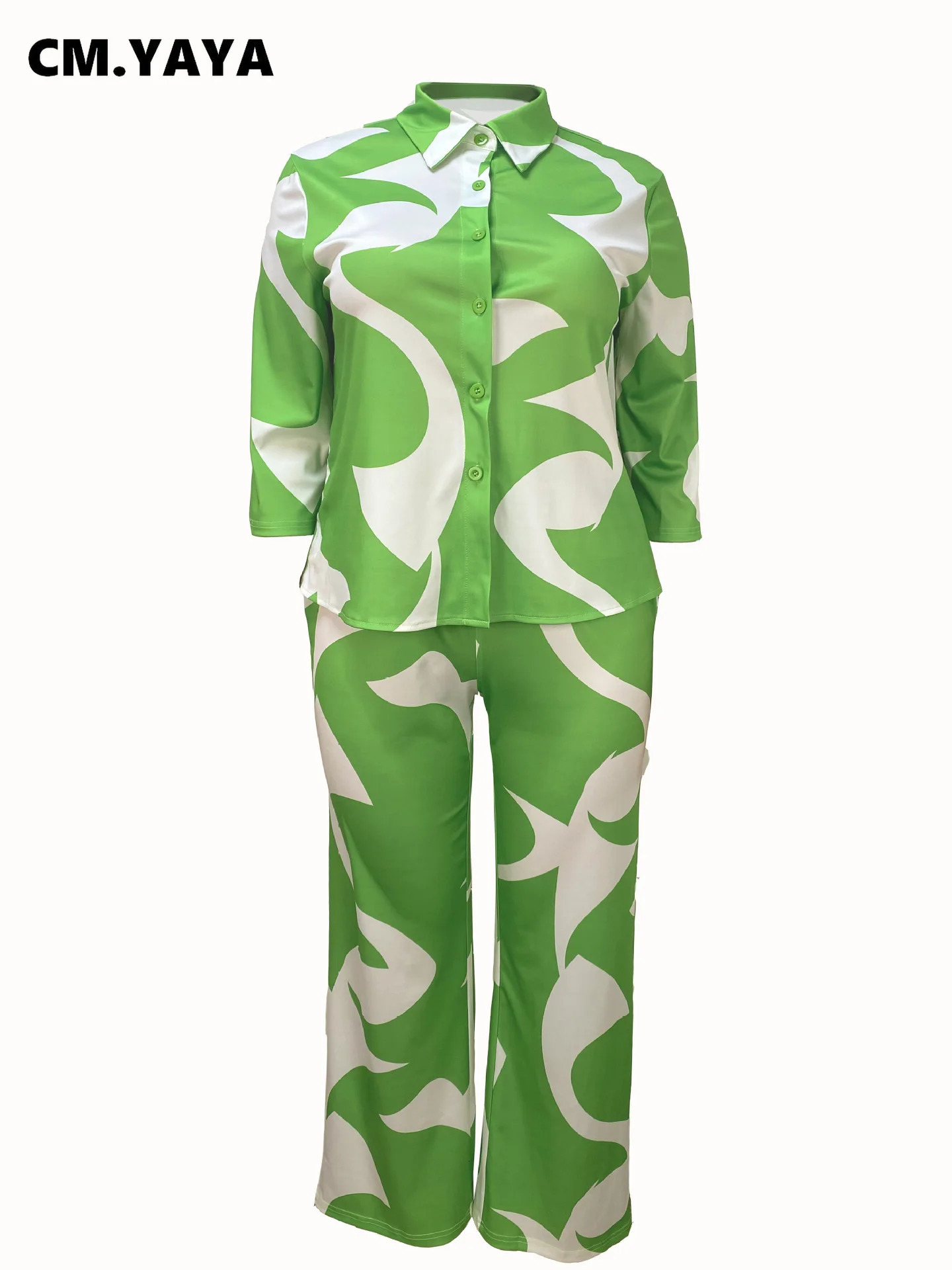CM.YAYA Plus Size Loose Half Sleeve Women Set Button Shirt Straight Pants Suits Streetwear Tracksuit Summer Two 2 Piece Set 250514