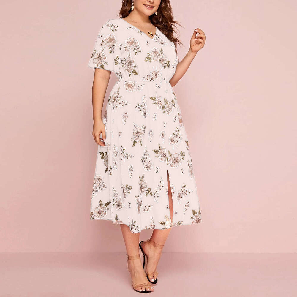 Plus Size Beach Dress Vestidos Fulllace Women Designer Clothing Large Womens Floral Print Short Sleeved Dress with Waistband Loose Slit Medium Length 