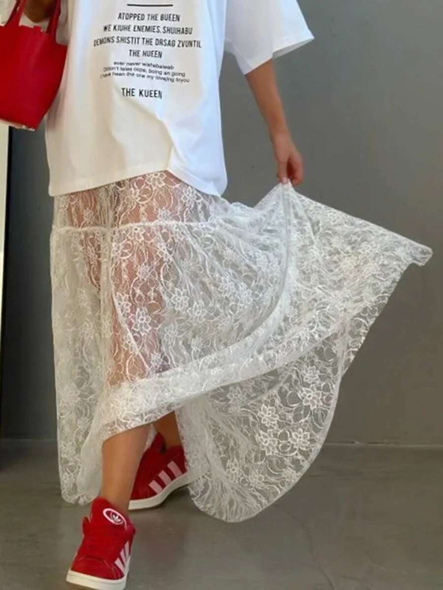 Lace Jacquard Transperant Women Summer New High Waist Sexy Casual Long Skirts 2025 Streetwear Fashion White Maxi Skirt