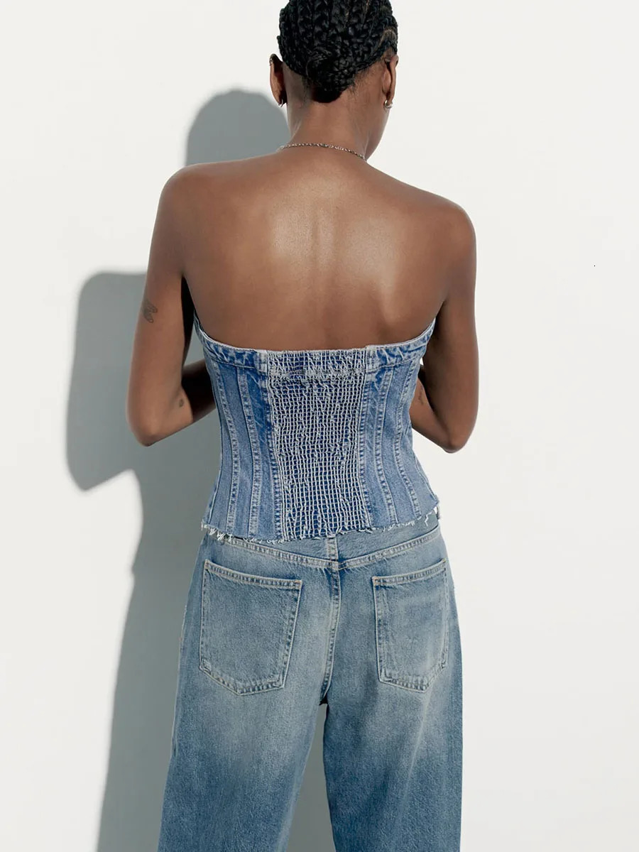 Womens Fitted Tube Tops Blue Sleeveless Off Shoulder Denim Bandeau Summer Clothes 250515