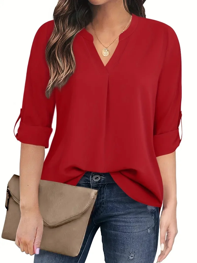 Plus Size 1XL-8XL Casual T-shirt Womens Plus Solid Notched Neck Three Quarter Sleeve With Button Decor Slight Stretch Blouse 250514