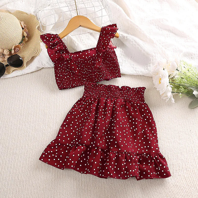 Girls Clothing Set 5-12T Tri-Color Optional Flying Sleeve Square Collar Vest Top Lace Skirts Children Girls Baby Clothes Set 250515