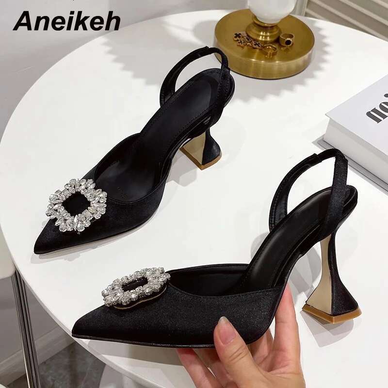 Aneikeh Brand Women Pumps Crystal Slingback High Heels Summer Bride Comfortable triangle Heeled Party Wedding Shoes