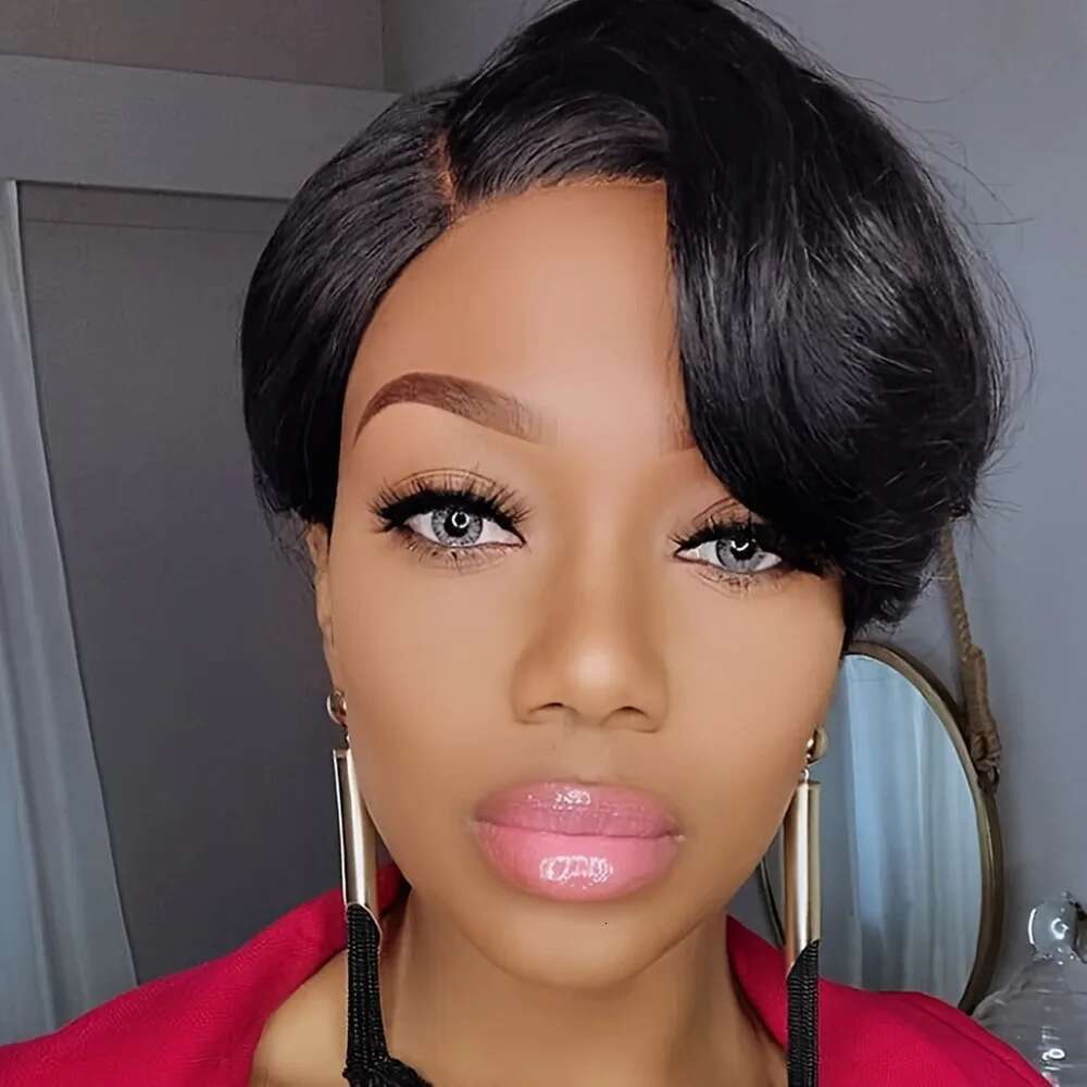 natural black color cut short curly 6inch 150% density daily party use remy wig pixie 13x1 T lace human hair wigs