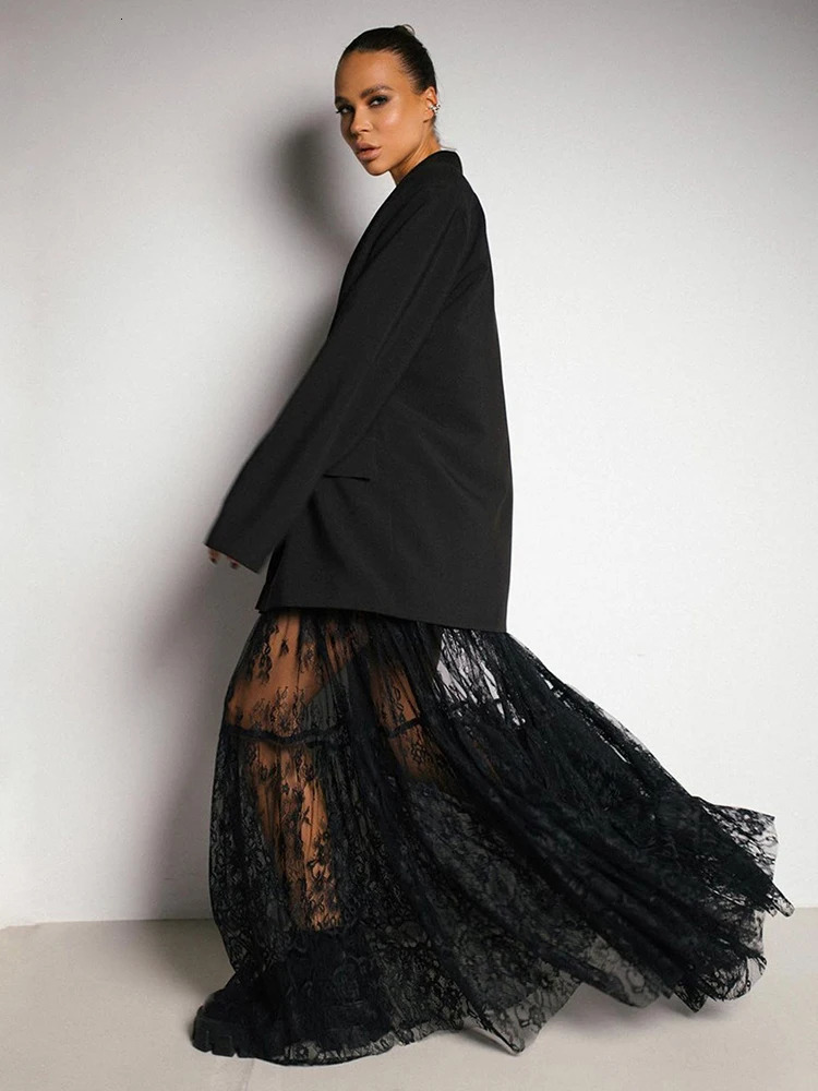 Mueyeruho Spring Summer Women Sexy Maxi Lace Skirts Solid High Waist Flare Long Skirt For Women 250514