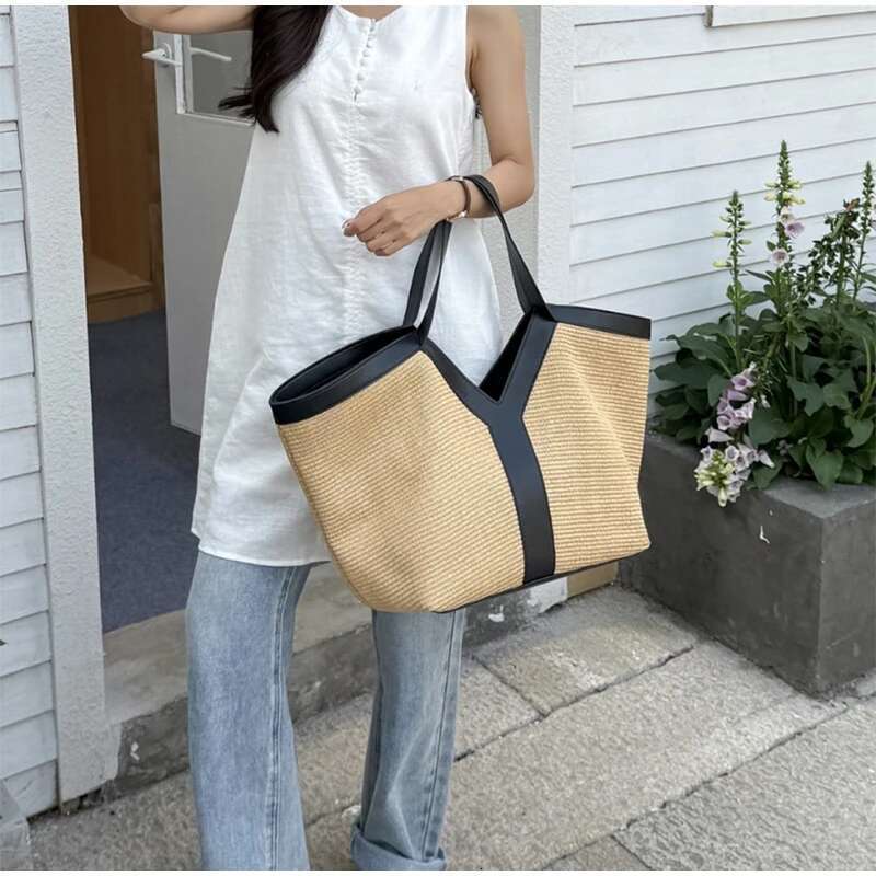 Brand Designer New Y-shaped Straw Tote Large Capacity Shopping Beach Shoulder Underarm Woven Women's Bag