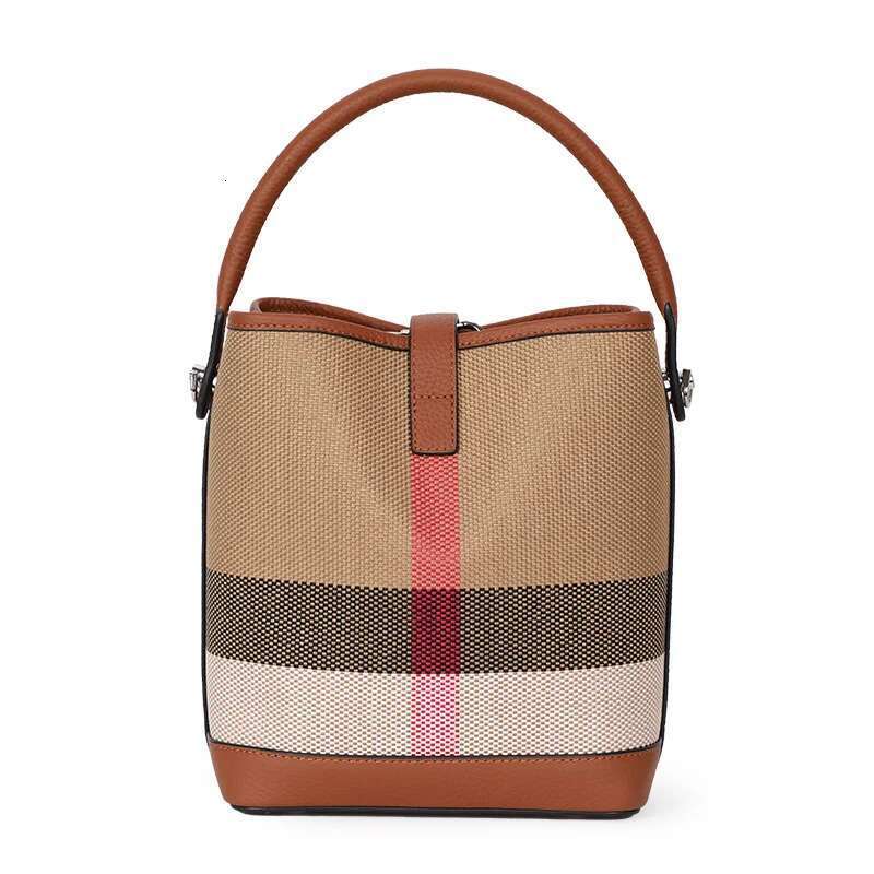 New canvas paired with cowhide women's shoulder crossbody bag, fashionable plaid pattern bucket bag