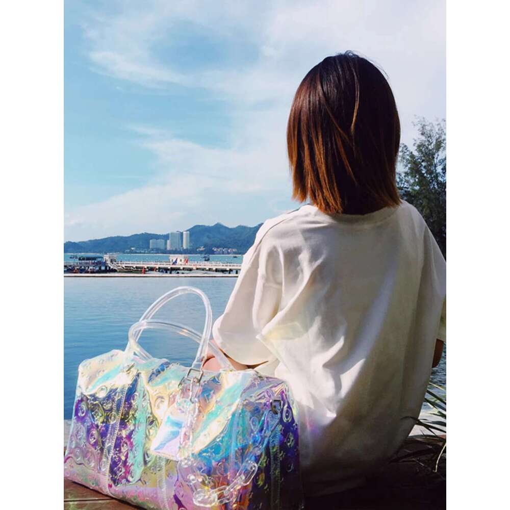 Colorful Transparent New Business Travel Boarding Lage Handheld Big Rainbow Emed Laser Fiess Bag