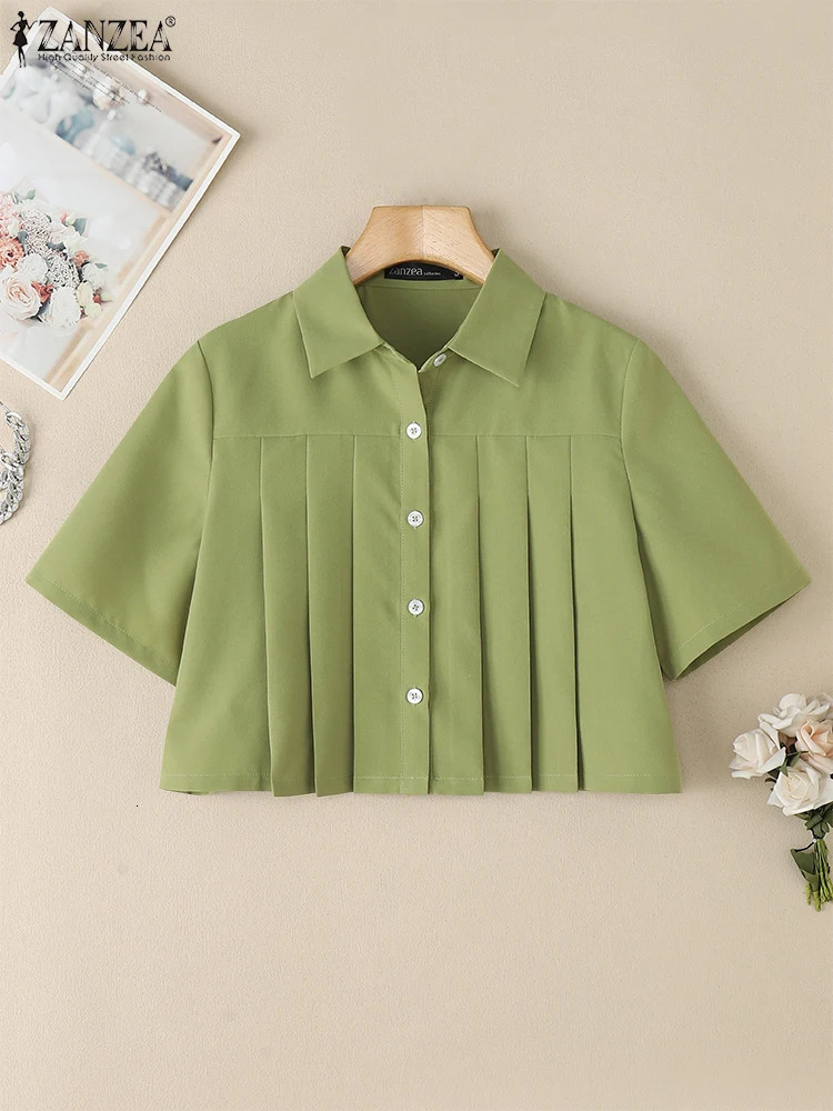 Summer Office Pleated Shirts ZANZEA Fashion Women Lapel Neck Short Sleeve Work OL Blouse Stylish Solid Cropped Tunic Tops 250515