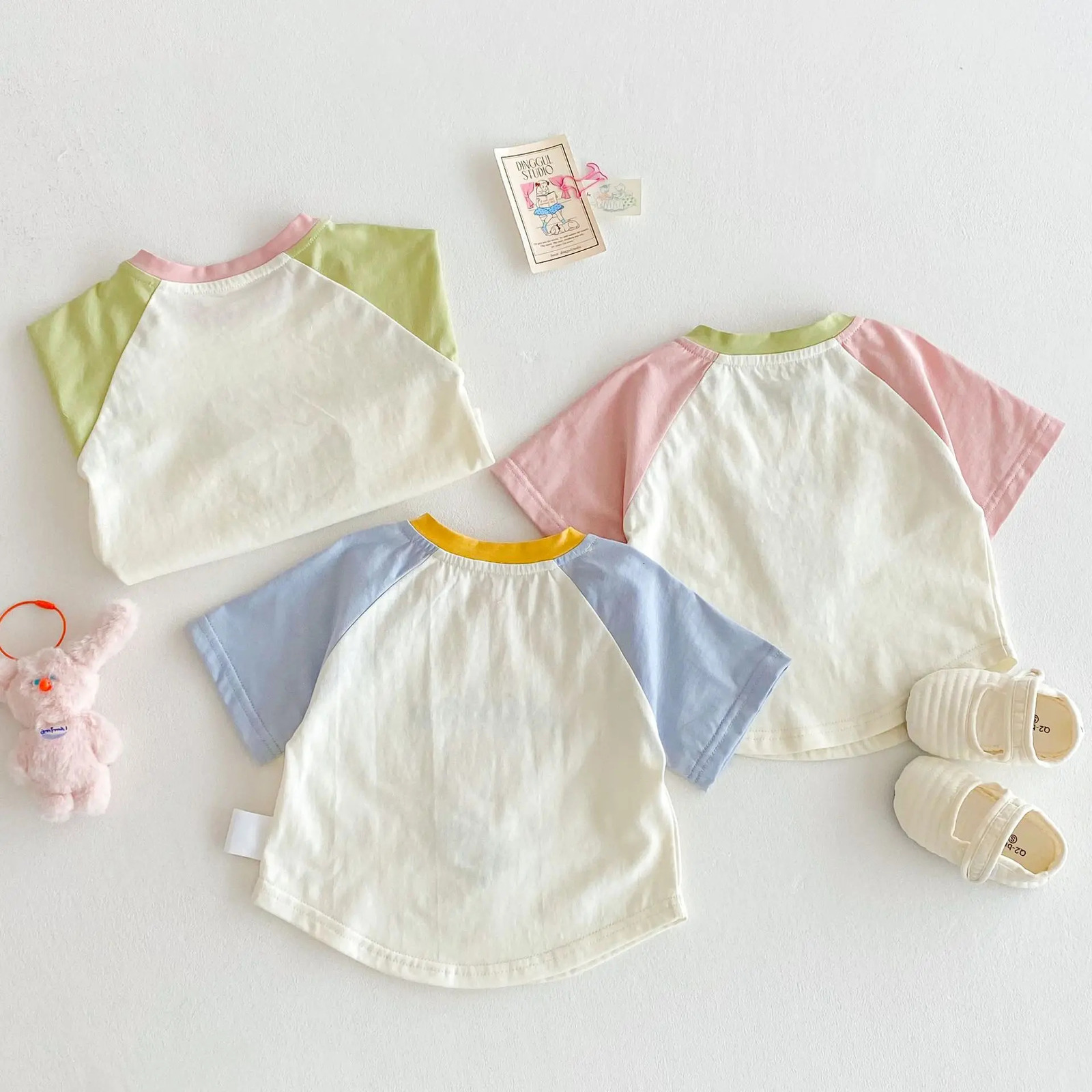 Summer Korean Style Color Block Round Neck Short Sleeve Cartoon T-Shirts for Boys Girls 250515