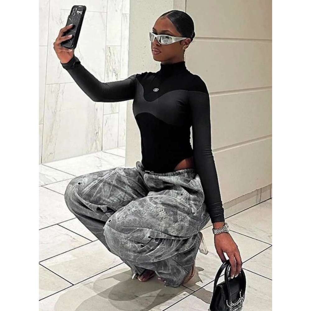 Long Sleeve Bodycon Lenceria Femenina Turtleneck Lingerie Sexy Body Feminino Black Tops Women PU Patchwork One-Pieces Bodysuit