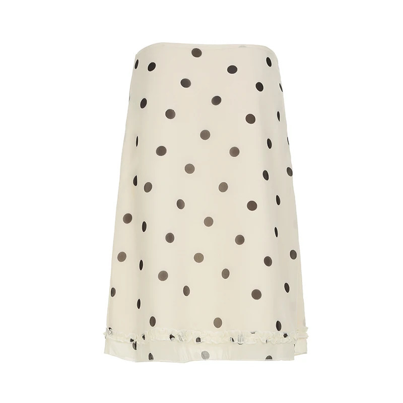 Elegant England Style Dot Print Women MidLength Skirt Edible Free Fungus Simple High Fashion Long 250515