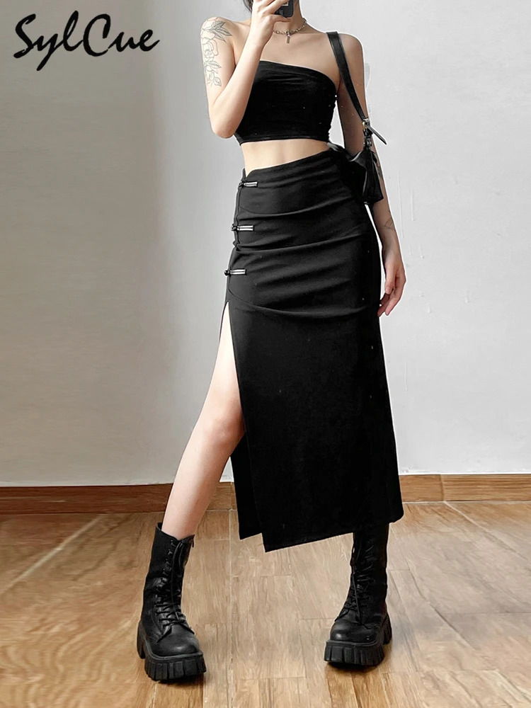 Nibber Black Sexy Split Simple Casual All-Match Street Outing Cool Mature Vitality Personality Trend Basic WomenS Skirt 250514