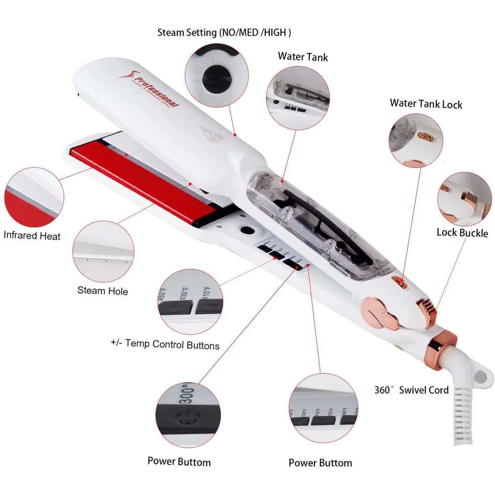 RUCHA Infrared Steam Straightener 2 Inches Wide Plate Hair Salon Steampod Ironing Styler Ceramic Tourmaline Flat Iron