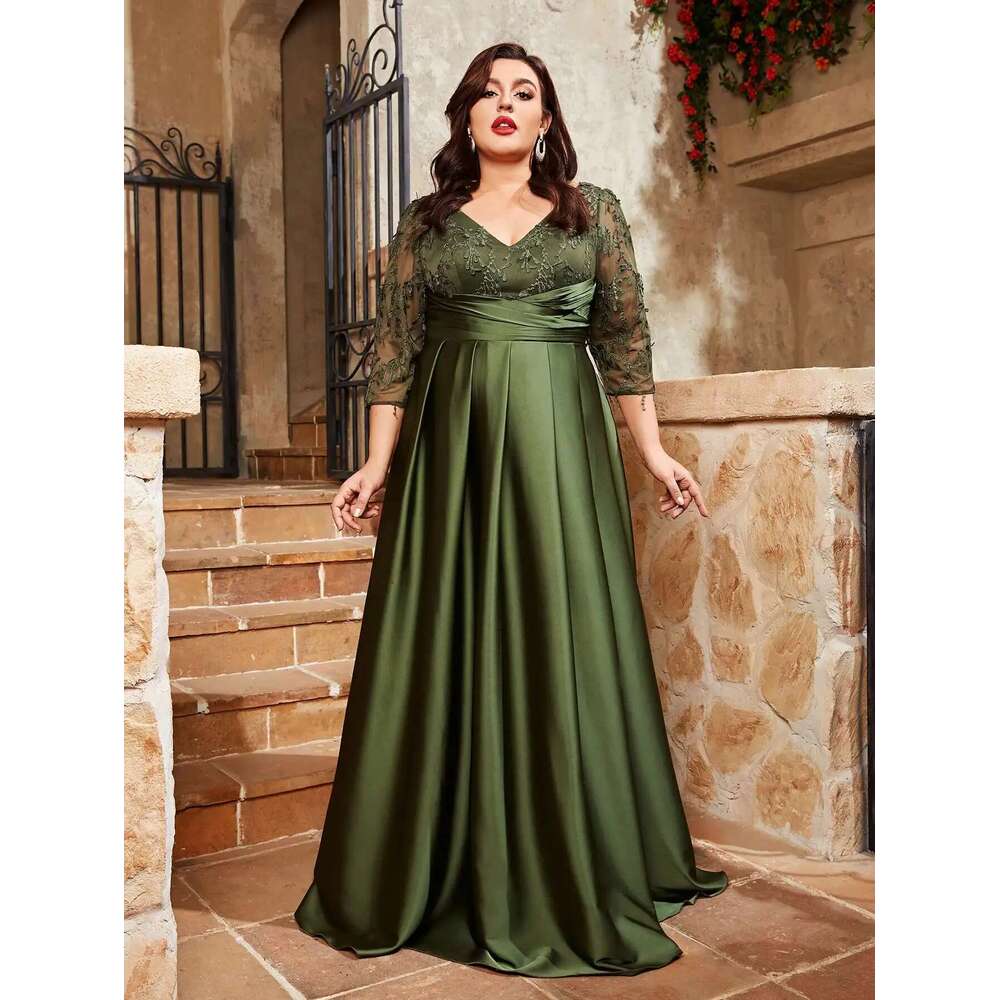 Mgiacy plus size V-neck lace embroidery Mosaic satin cloth hand-folded long skirt Evening gown ball Party dress
