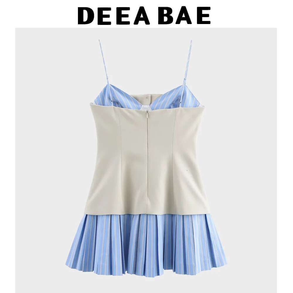 DEEABAE 2025 New Blue College Style Waist Ing Striped Pleated Suspender Dress For Small Women