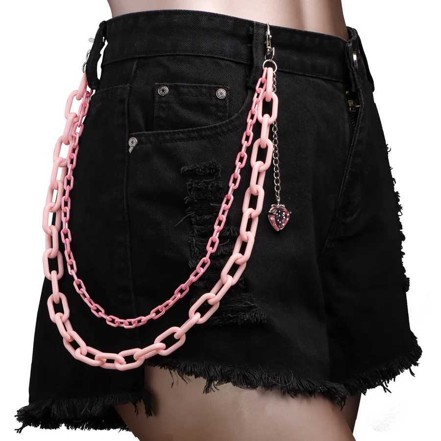 Doulbe Layered Pink Color Strawberry Resin Chain Keychains Women Girls Hip Hop Waist Chain Pants Trousers Chain Bohemian Jewelry Y250515
