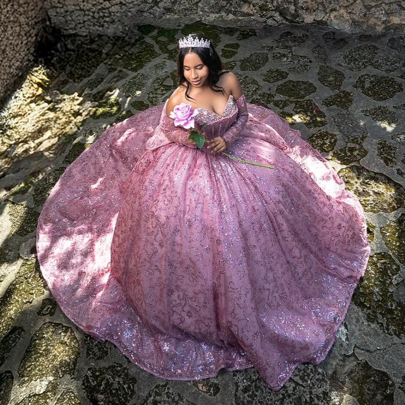 Pink Shiny Quinceanera Dresses Off Shoulder Ball Gown Sweet 16 Dress Beading Crystal Sequin Applique LaceTull Birthday Party Vestidos 15 De Anos