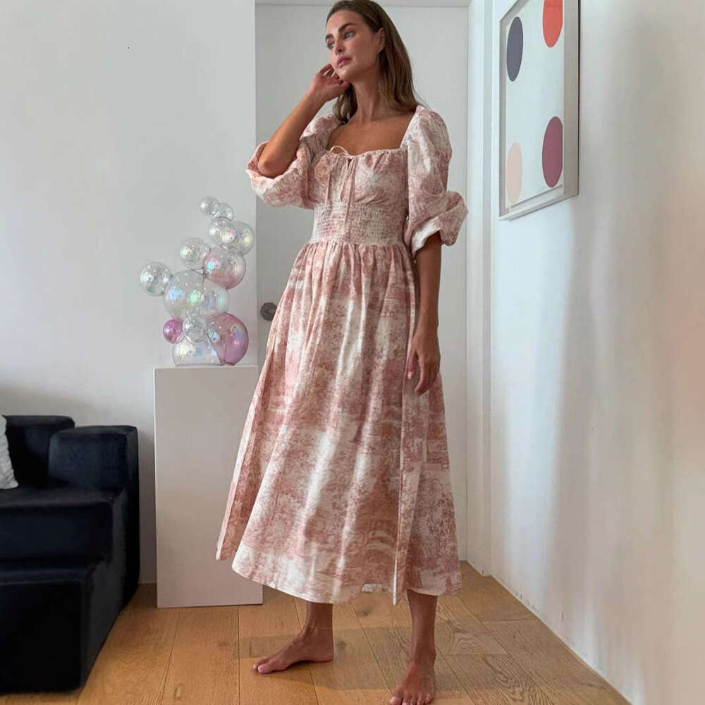 Spring summer new women's clothing, waist cinching slimming, lace up long skirt, printed and wrapped dress