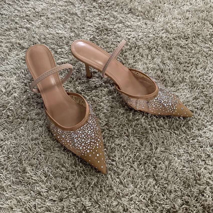 New Summer Women's Sandals Rhinestone Bright Mesh High Heels Footwear Elegant Slingback Pointed Slip on Party Lady Pumps Shoes