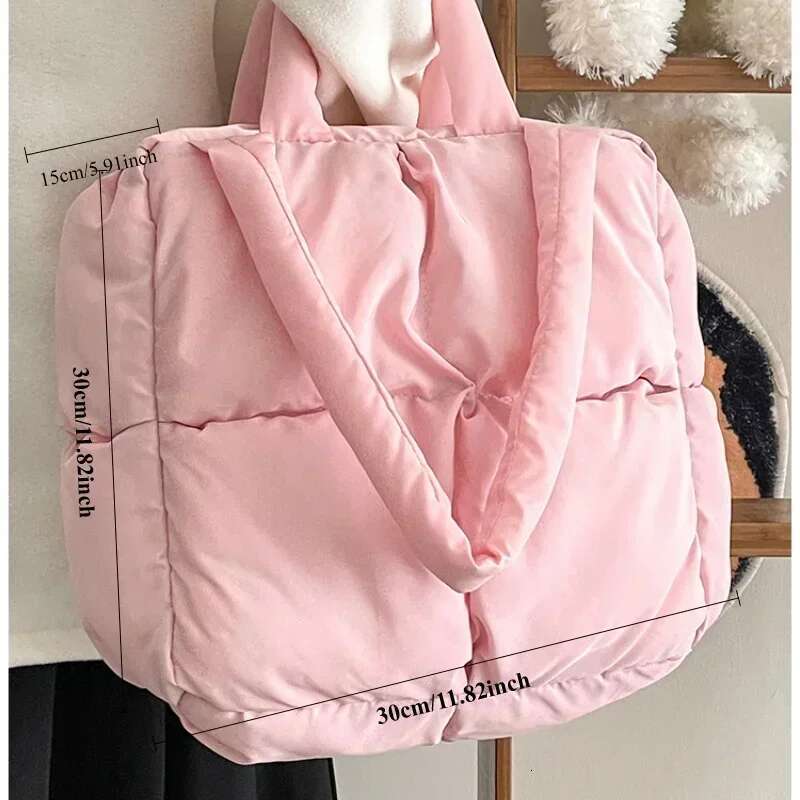 Women Retro Checkered Quilted Shoulder Bag Solid Color Soft Handbags Pink Sapce Padded Tote Brand Designer
