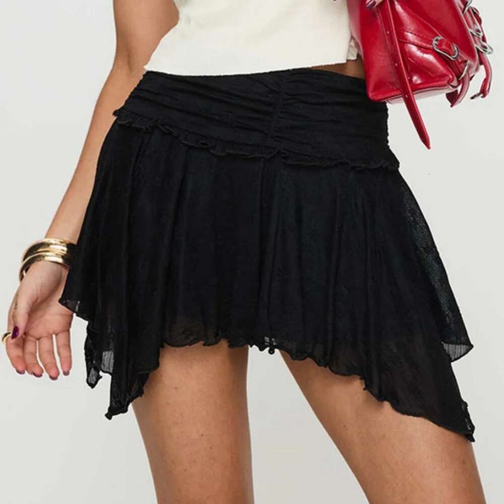 Women's Fashion Asymmetrical Mini Ruched Mid Rise Lace Irregular Hem Short Skirts Streetwear Haruku Aesthetic Clothes