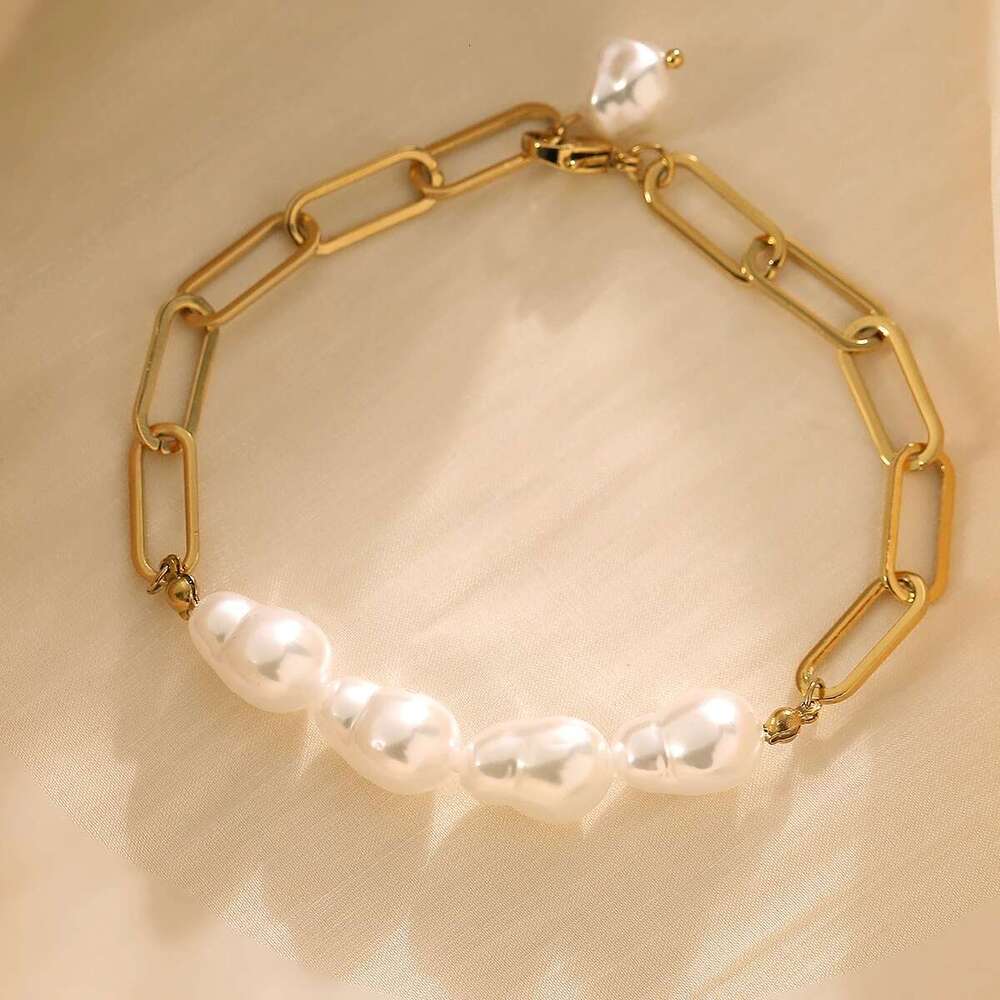NEWBUY Brand Non-Fading Gold Color Paper Clip Chain Pearl Bracelet For Elegant Women Stainless Steel Party Jewelry