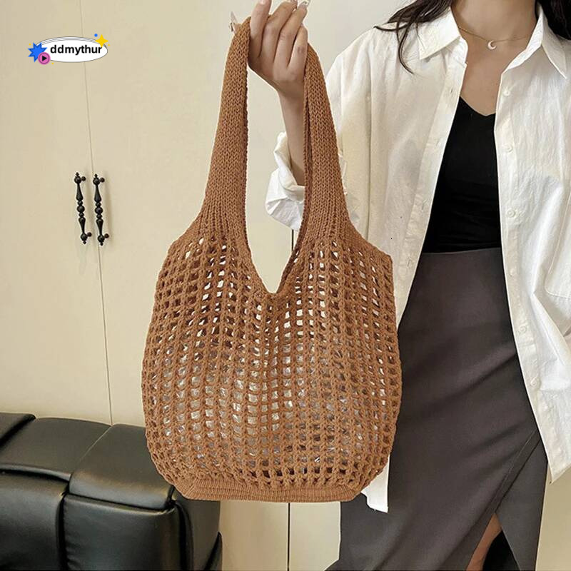 Large Capacity Knitted Hollow Shoulder Crochet Underarm Tote Casual Beach Commuting Bag for Women ddmythur