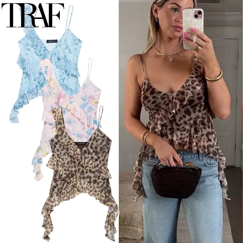 TRAF Leopard Crop Tops For Women Ruffle Sleeveless Printed Summer Backless Tulle Camisole Top Woman Sexy Asymmetrical 250515