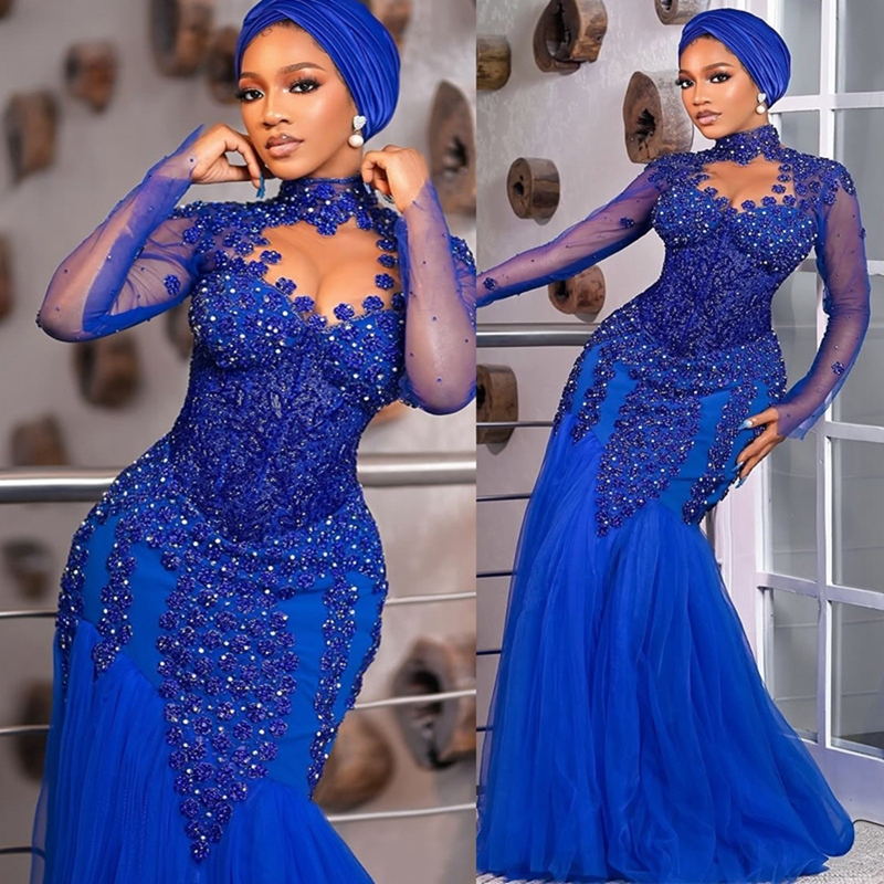 2025 Royal Blue Aso Ebi Prom Dress Mermaid Prom Dresses Evening Formal Gowns High Neck Appliqued Lace Birthday Dress Second Reception Gowns For Black 