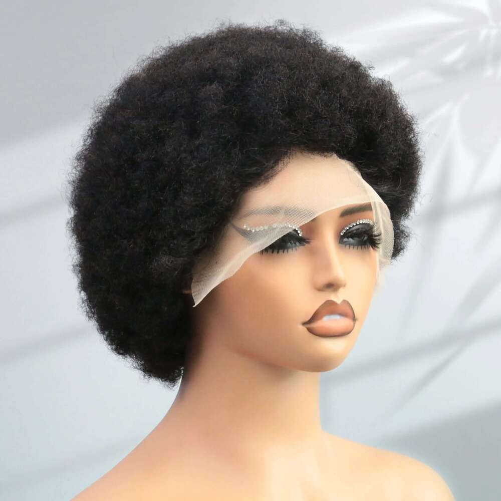 Afro Kinky Curly Human Hair Short Pixie Cut Wigs 13X4 Lace For Women Short Curly Pixie Remy Wig 6 Inch Black Color 180% Density