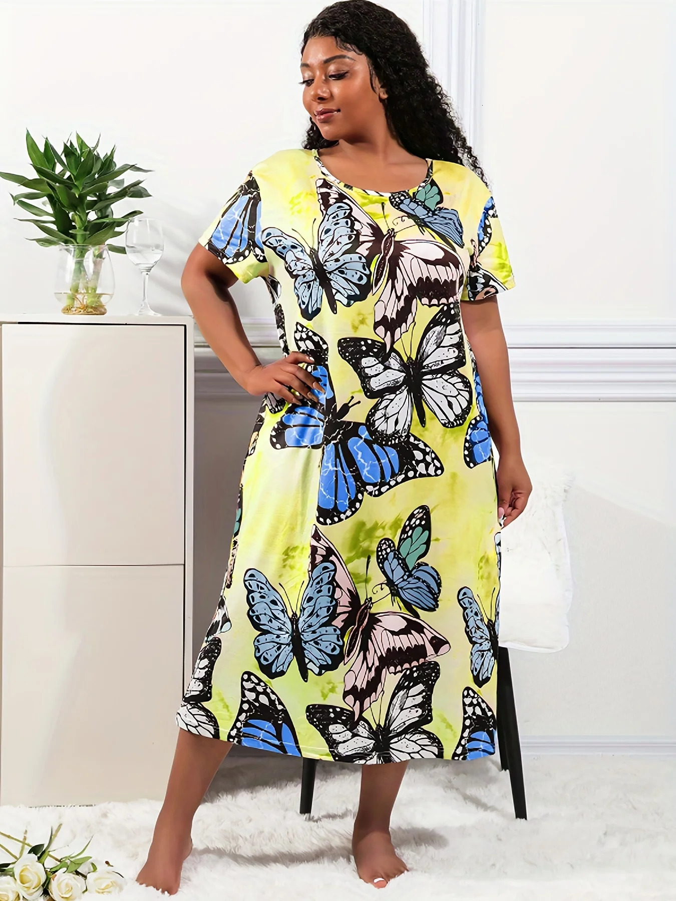 Plus Size Casual Loungewear Dress Tie Dye Short Sleeve Stretchy Wear Comfort Y2K Nightdress 250506