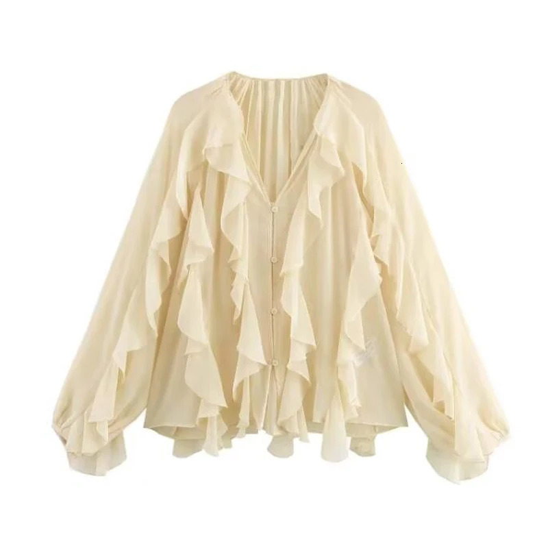 TRAF Ruffle Womens Blouses Semi Sheer Casual Woman Spring Fairy Shirts and for Lady Long Sleeve Tops 250515