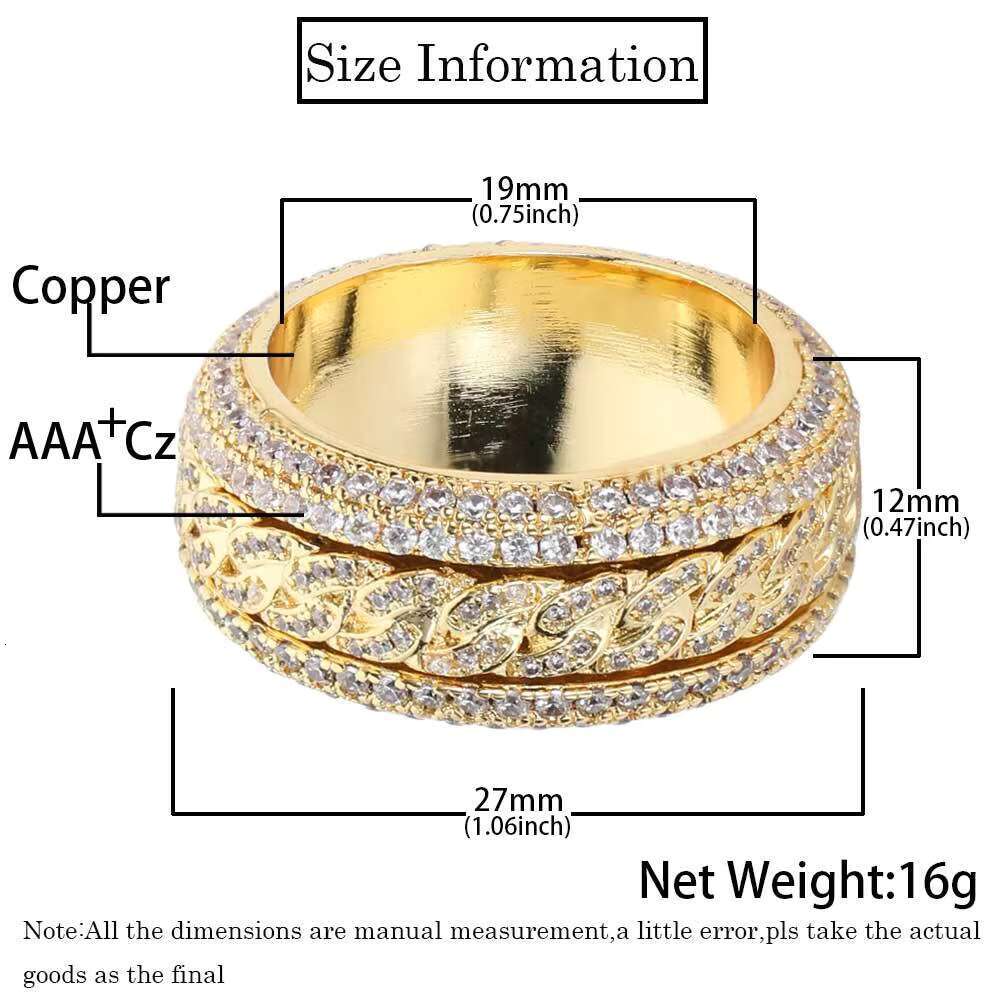 Personality Copper Gold Plated Hip Hop Full Dia Ring Rotatable Cuban Chunky Mens Rings